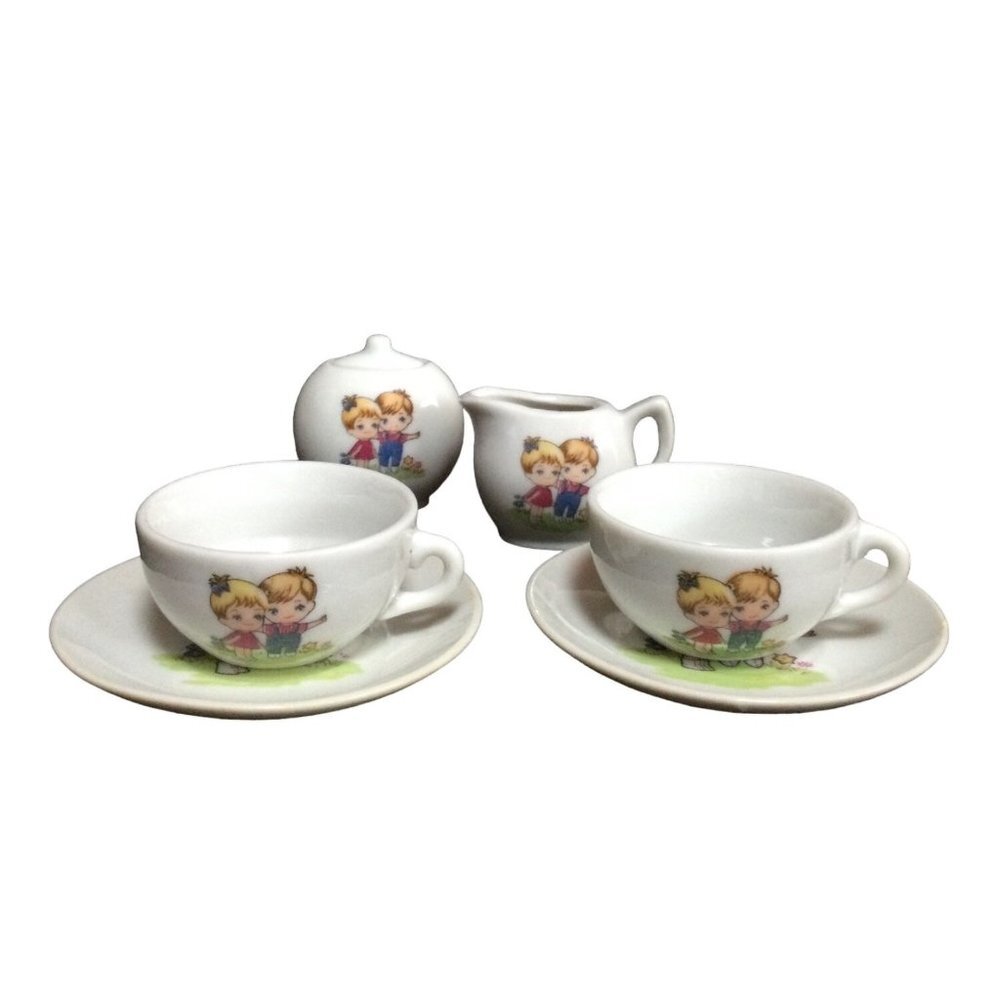 Vintage Miniature Porcelain Tea Set Boy Girl 2 Cup & Saucer Creamer Sugar Japan